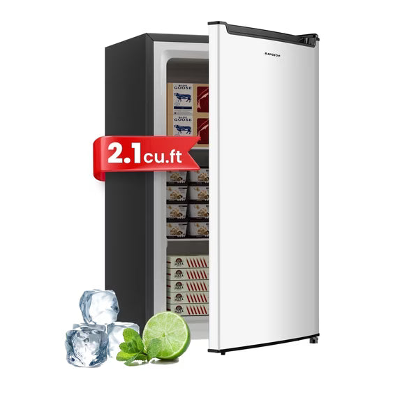 BANGSON 2.1 Cu.ft Upright Freezer, Compact Mini Freezer with Reversible Black Door, Adjustable Thermostat, Removable Shelves, Energy-Saving for Dorm Office Apartment, Silver
