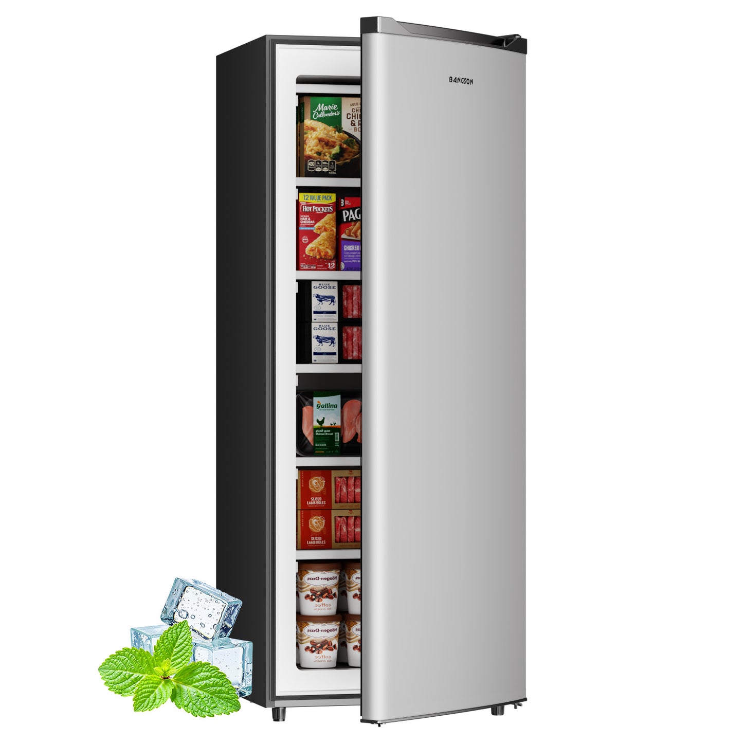 BANGSON 6.5 Cu.ft Upright Freezer, Stand up Freezer with Adjustable Thermostat, Removable Shelves, Reversible Single Door, for Bedroom/Home/Dorms/Apartment, Sliver