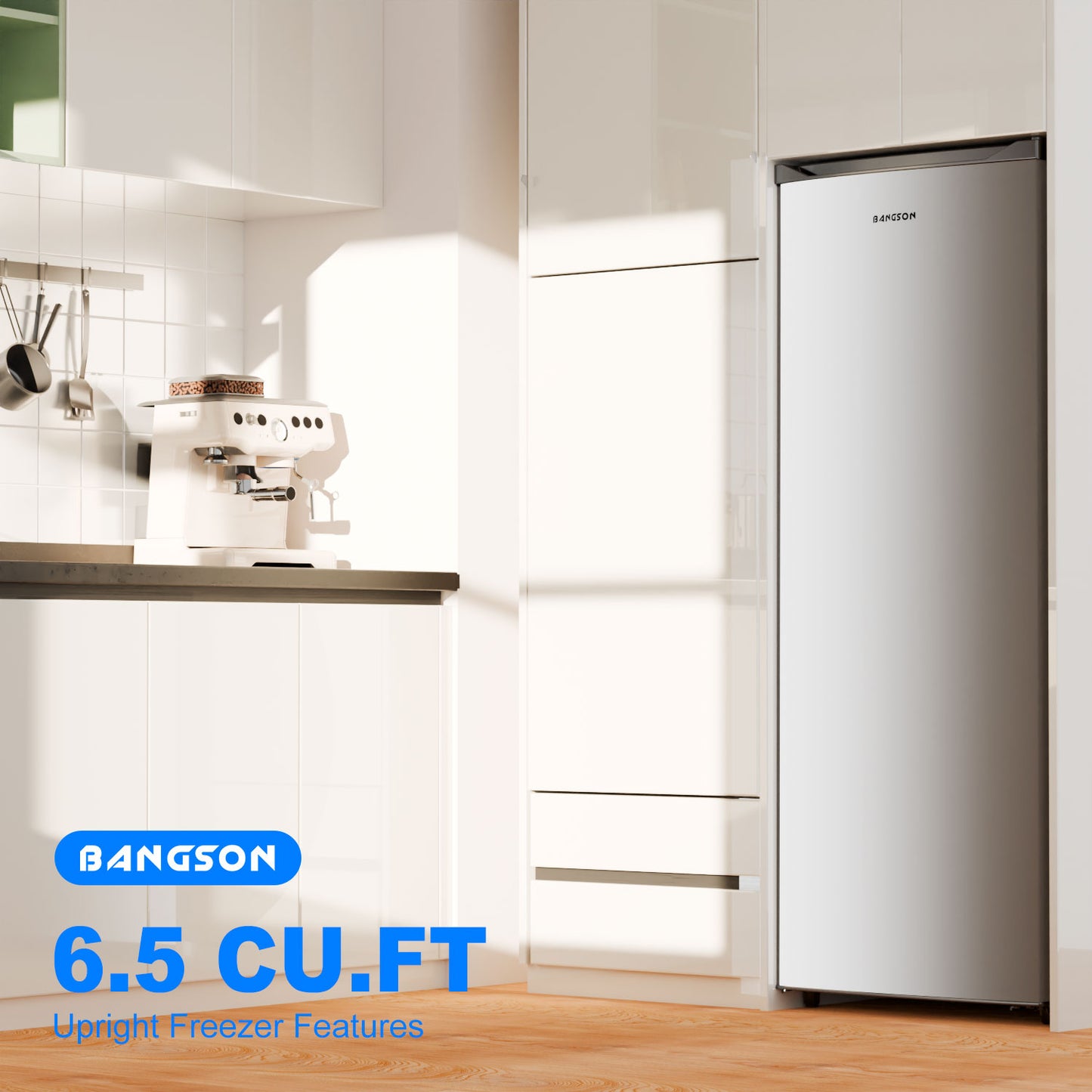 BANGSON 6.5 Cu.ft Upright Freezer, Stand up Freezer with Adjustable Thermostat, Removable Shelves, Reversible Single Door, for Bedroom/Home/Dorms/Apartment, Sliver