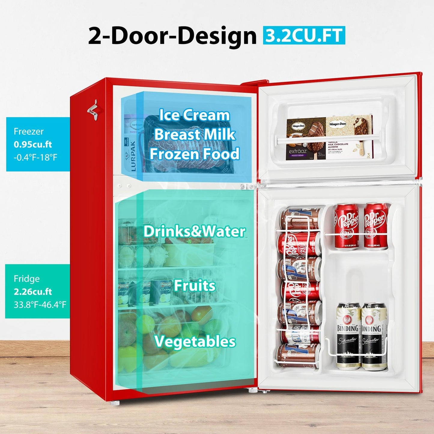 3.2 CU.FT 2 Door Small Refrigerator with Freezer ,Red