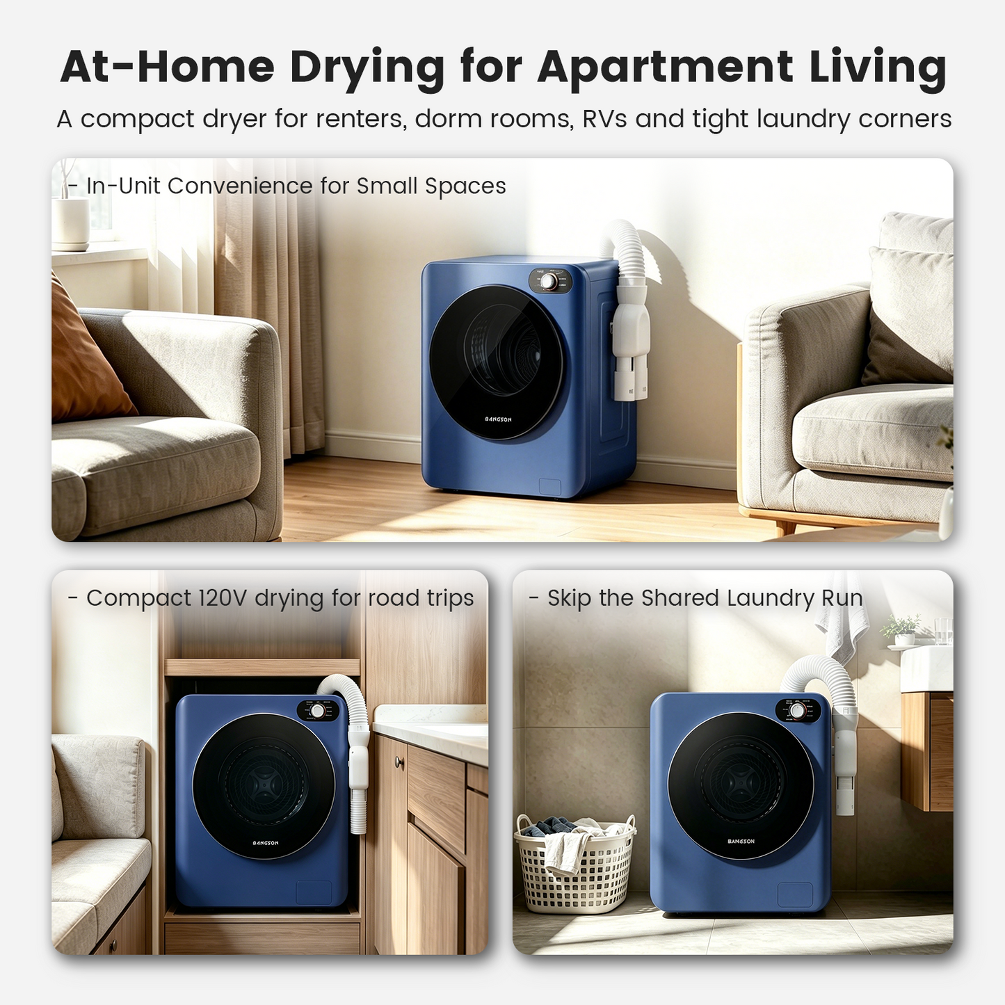 BANGSON Portable Clothes Dryer, 1.5 Cu.Ft. Portable Dryer with Shoe Drying Rack, Heat Dry & Air Dry 2-in-1 Modes, 120V Vented compact dryer, Stainless Steel Drum for Apartment, Dorm & RV, Blue