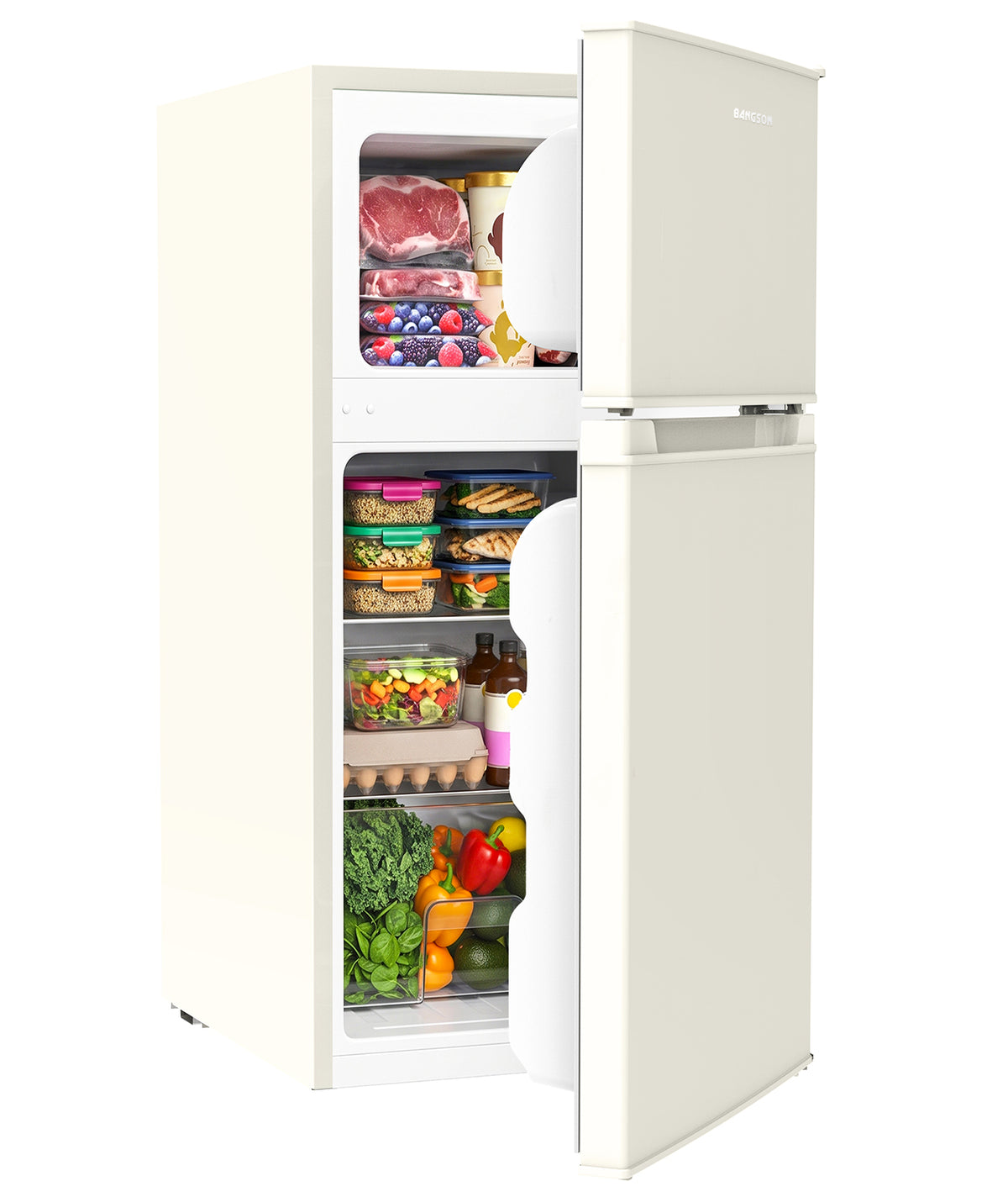 BANGSON 3.2 Cu Ft Mini Fridge with Freezer,2-Door Compact Refrigerator for Bedroom Office Dorm，cream white