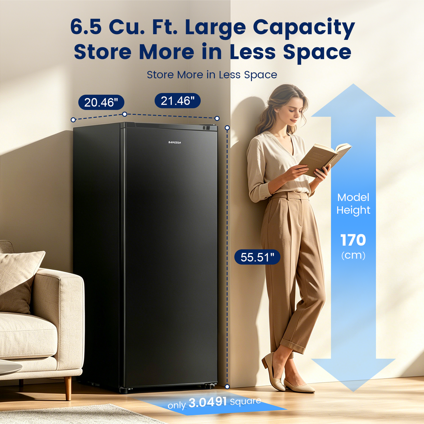 BANGSON 6.5 Cu.ft Upright Freezer, Stand up Freezer with Adjustable Thermostat, Removable Shelves, Reversible Single Door, for Bedroom/Home/Dorms/Apartment, Black