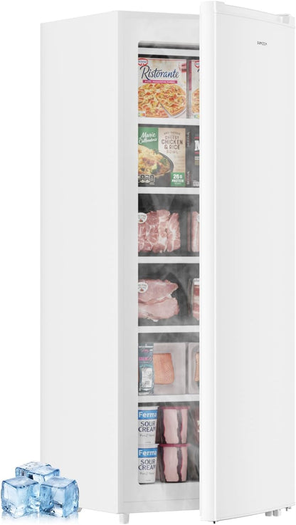BANGSON 6.5 Cu.ft Upright Freezer, Stand up Freezer with Adjustable Thermostat, Removable Shelves, Reversible Single Door, for Bedroom/Home/Dorms/Apartment, White