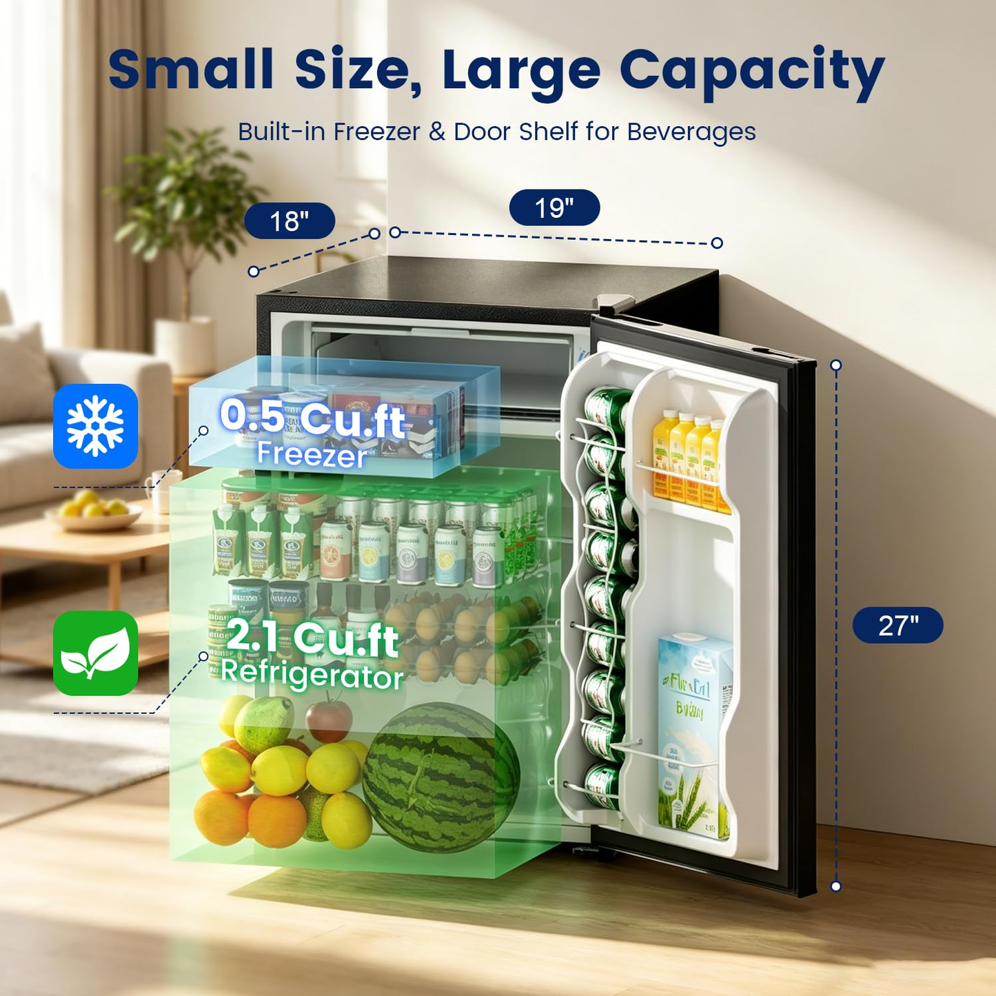 BANGSON 2.6 Cu Ft Small Fridge with Freezer for Office, Mini Refrigerator for Dorm Bedroom, Compact Fridge Energy-efficient, Low Noise, Silver