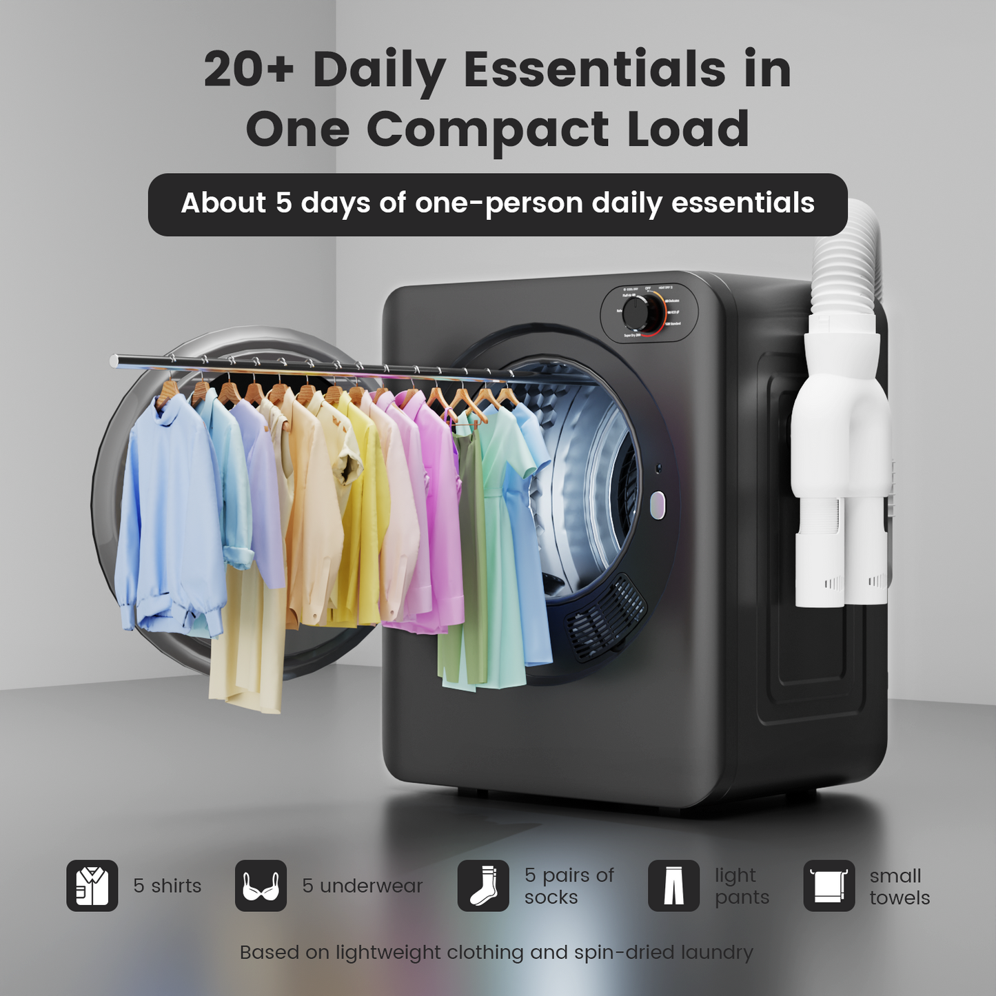BANGSON Portable Clothes Dryer, 1.5 Cu.Ft. Portable Dryer with Shoe Drying Rack, Heat Dry & Air Dry 2-in-1 Modes, 120V Vented compact dryer, Stainless Steel Drum for Apartment, Dorm & RV, Grey