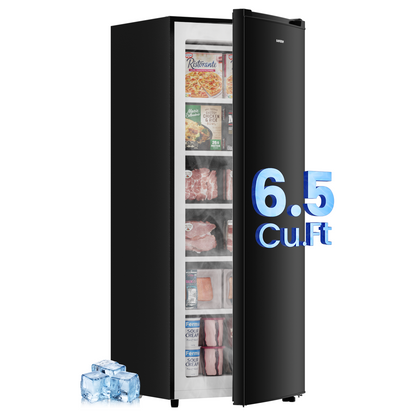 BANGSON 6.5 Cu.ft Upright Freezer, Stand up Freezer with Adjustable Thermostat, Removable Shelves, Reversible Single Door, for Bedroom/Home/Dorms/Apartment, Black