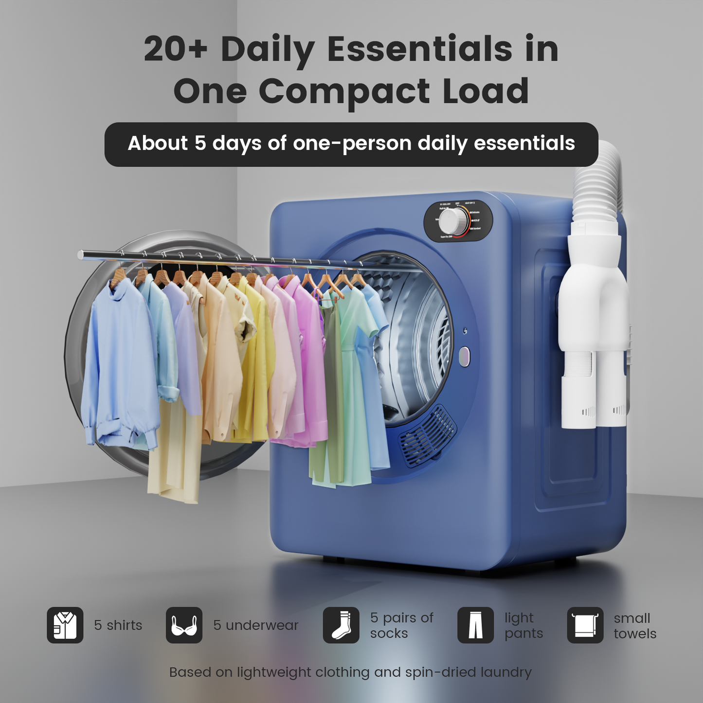 BANGSON Portable Clothes Dryer, 1.5 Cu.Ft. Portable Dryer with Shoe Drying Rack, Heat Dry & Air Dry 2-in-1 Modes, 120V Vented compact dryer, Stainless Steel Drum for Apartment, Dorm & RV, Blue