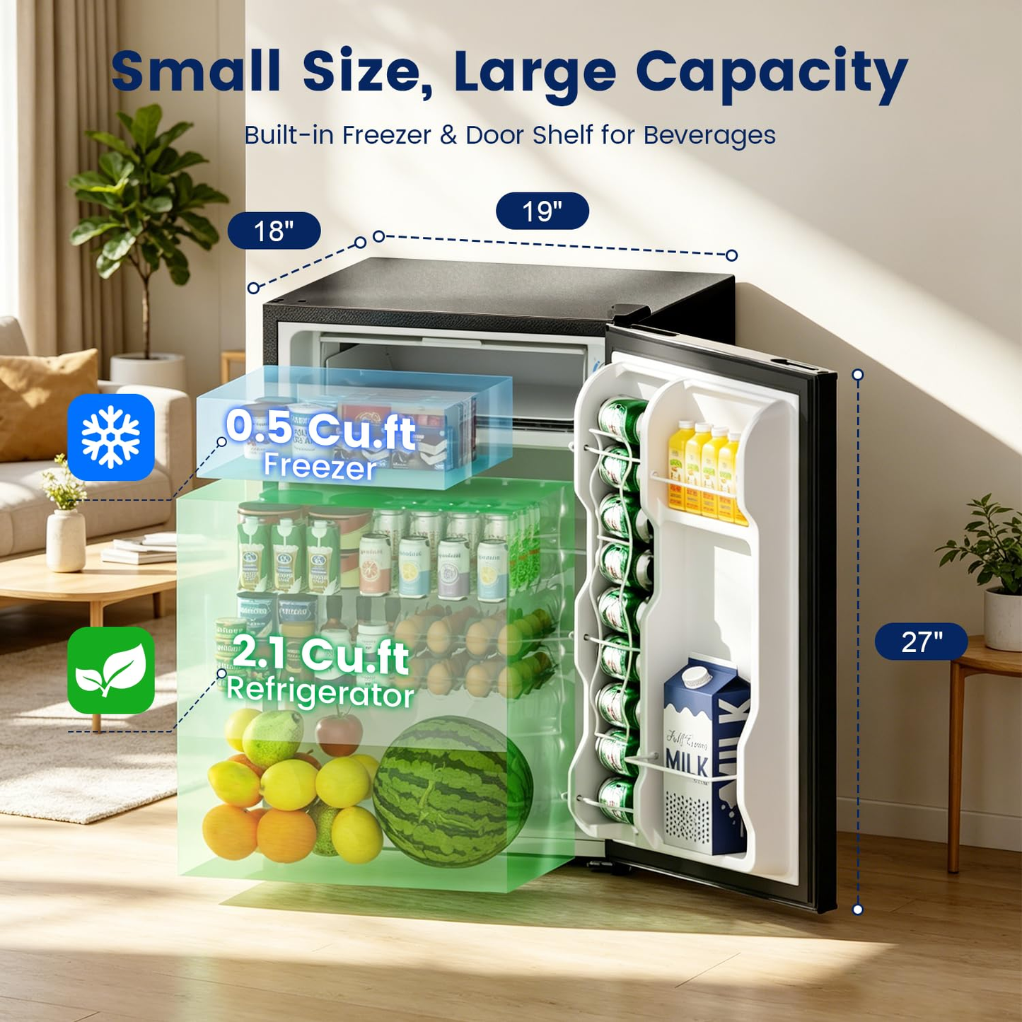 BANGSON 2.6 Cu Ft Small Fridge with Freezer for Office, Mini Refrigerator for Dorm Bedroom, Compact Fridge Energy-efficient, Low Noise, Black