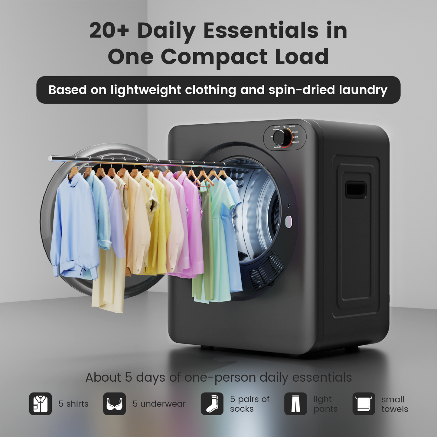 BANGSON Portable Clothes Dryer, 1.5 Cu.Ft. Portable Dryer with 2-in-1 Heat & Air Dry Modes, 120V Vented Electric Dryer, Exhaust Hose & Stainless Steel Drum Included, for Apartment, Dorm & RV, Grey