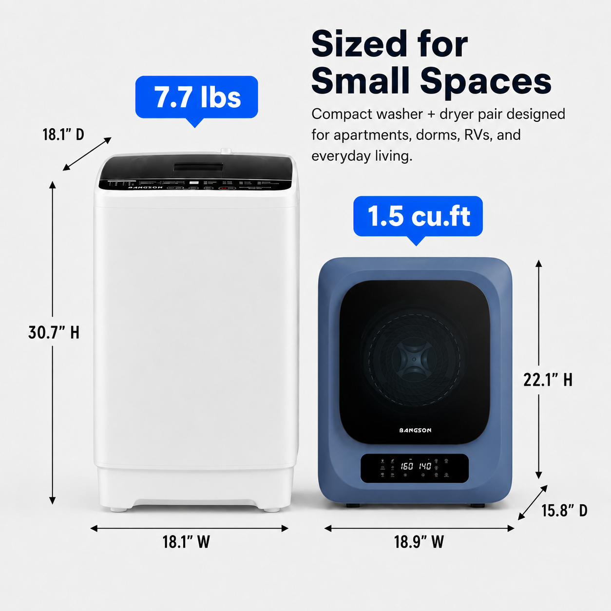 BANGSON Portable Washer and Dryer Combo Set, 1.08 cu.ft Full-Automatic Washing Machine with 8 Programs 6 Water Levels & 1.8 cu.ft Compact Electric Dryer with 6 Drying Modes 8H Timer, 120V Portable Laundry System for Apartment, RV, Dorm, Home, (White,Blue)