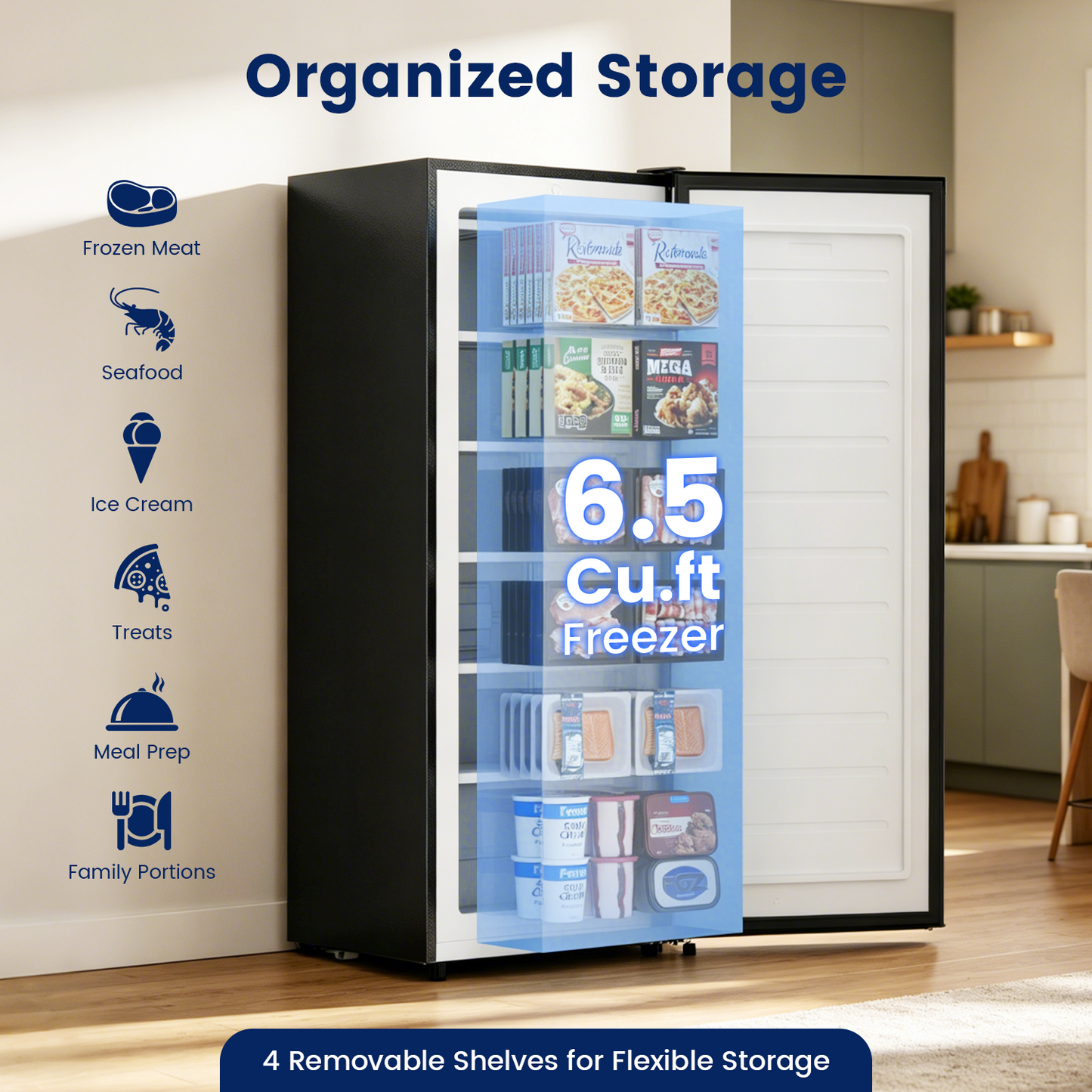 BANGSON 6.5 Cu.ft Upright Freezer, Stand up Freezer with Adjustable Thermostat, Removable Shelves, Reversible Single Door, for Bedroom/Home/Dorms/Apartment, Black