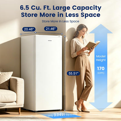 BANGSON 6.5 Cu.ft Upright Freezer, Stand up Freezer with Adjustable Thermostat, Removable Shelves, Reversible Single Door, for Bedroom/Home/Dorms/Apartment, White