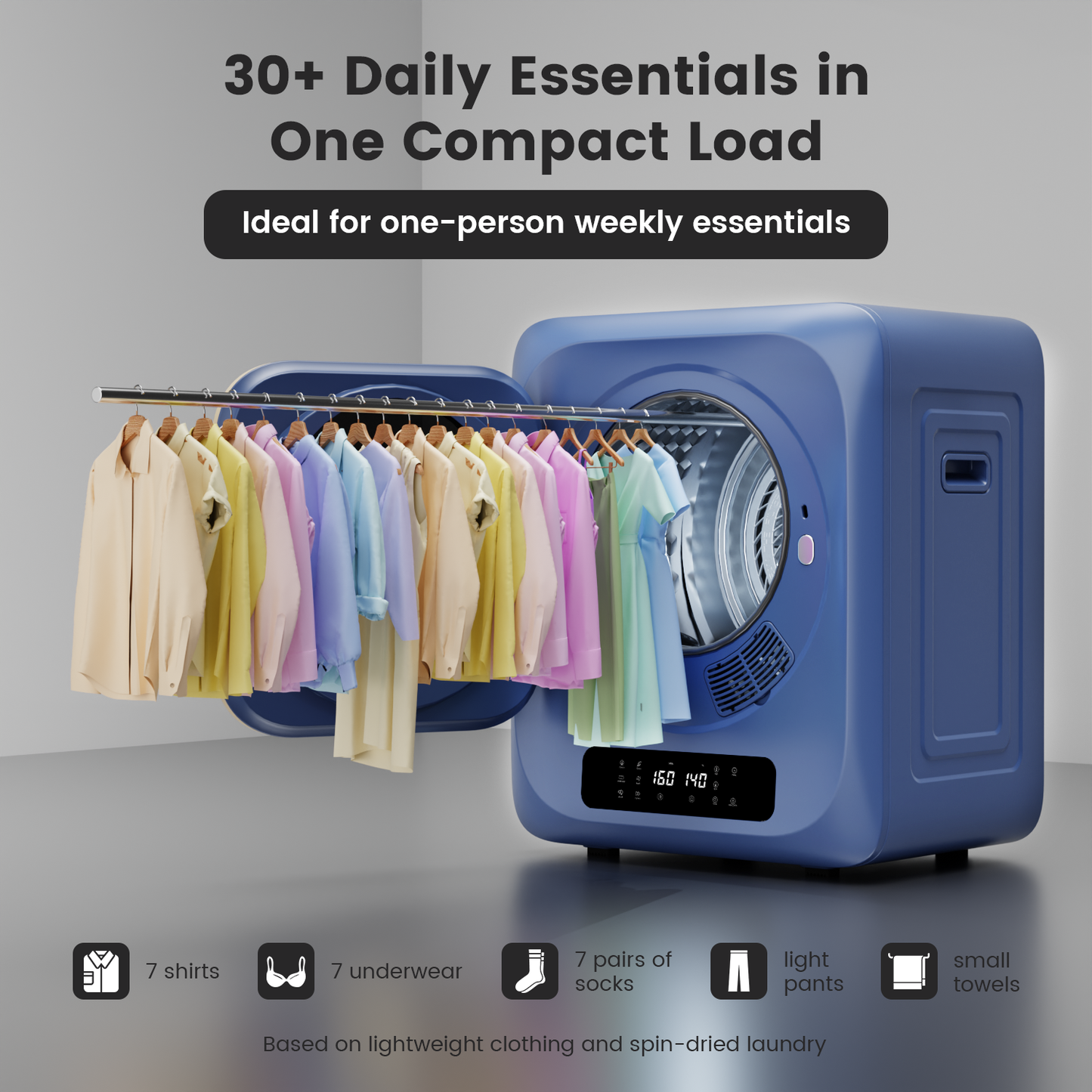 BANGSON 1.8 CU.FT Portable Compact Dryer for Laundry, 120V Mini Dryer with 6 Drying Modes & 8H Timer, LED Control Panel, 850W Front Load Small Dryer for Apartments, RVs, Dorms, Offices, Blue