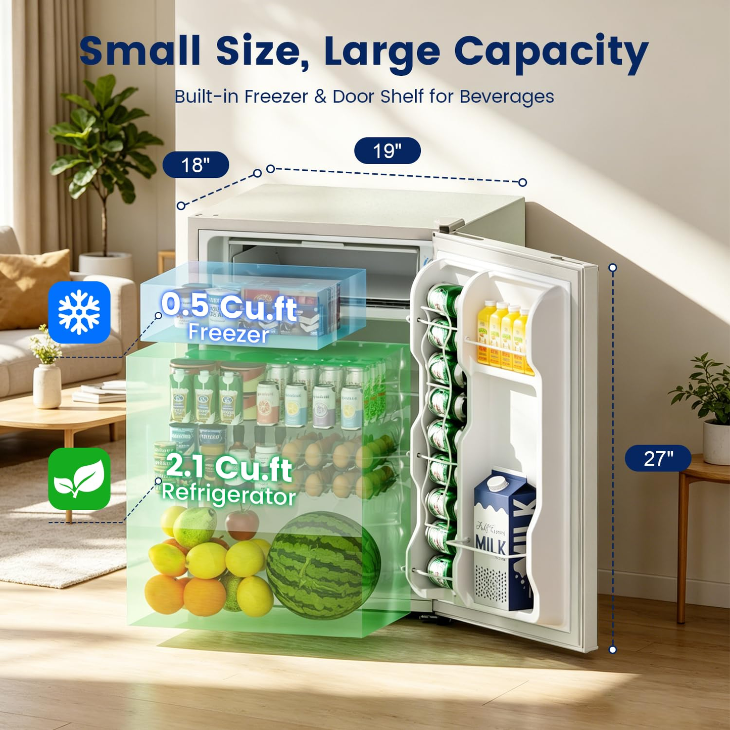 BANGSON 2.6 Cu Ft Small Fridge with Freezer for Office, Mini Refrigerator for Dorm Bedroom, Compact Fridge Energy-efficient, Low Noise, Cream White