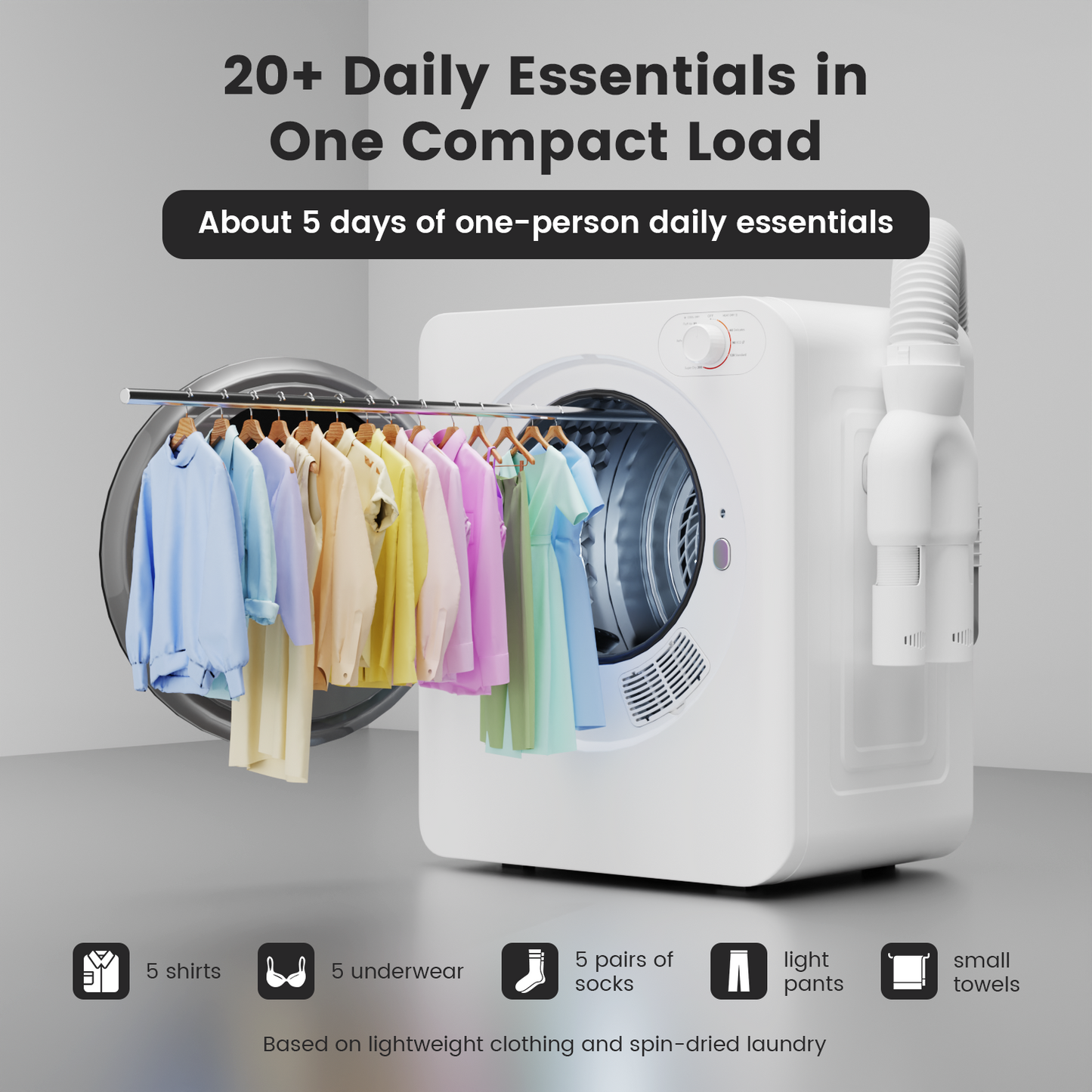 BANGSON Portable Clothes Dryer, 1.5 Cu.Ft. Portable Dryer with Shoe Drying Rack, Heat Dry & Air Dry 2-in-1 Modes, 120V Vented compact dryer, Stainless Steel Drum for Apartment, Dorm & RV, White