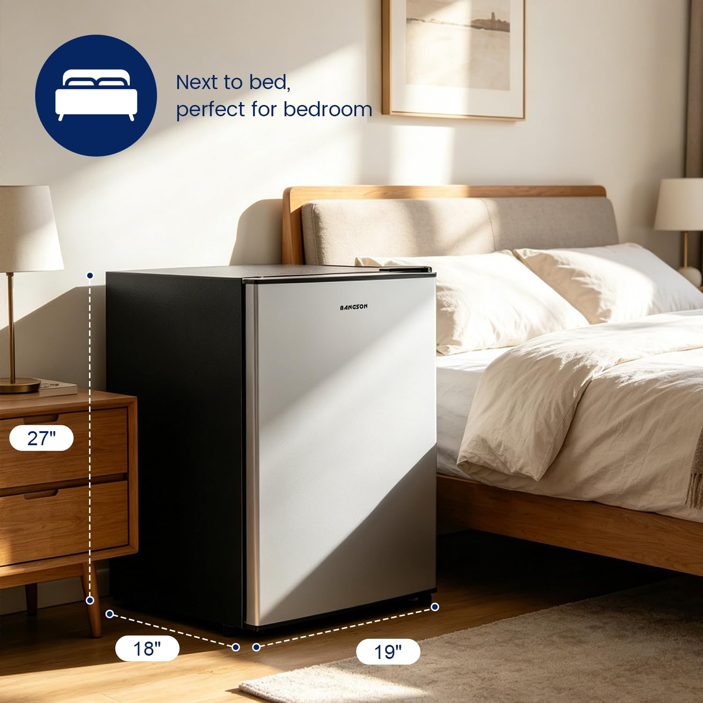 BANGSON 2.6 Cu Ft Small Fridge with Freezer for Office, Mini Refrigerator for Dorm Bedroom, Compact Fridge Energy-efficient, Low Noise, Silver