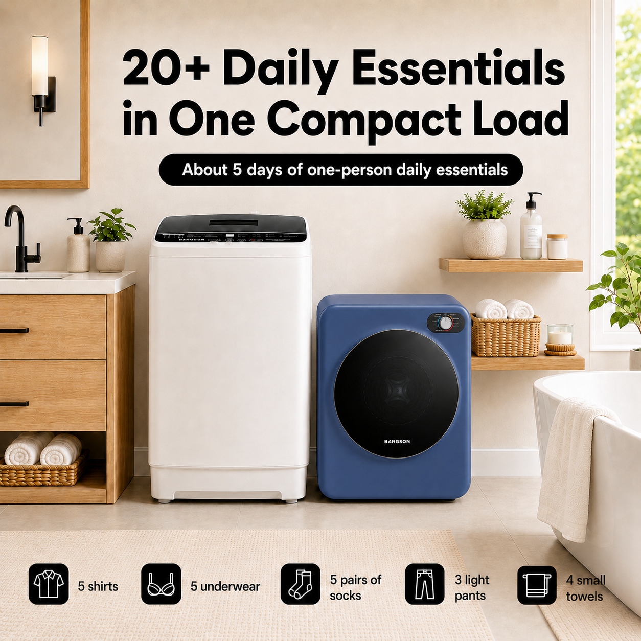 BANGSON Portable Washer and Dryer Combo Set, 1.08 cu.ft Compact Washing Machine & 1.5 cu.ft Electric Clothes Dryer, 8 Programs 6 Water Levels Washer,Vented Dryer with Stainless Steel Drum, Simple knob Control for Apartment, RV, Dorm, Home,(White,Blue)