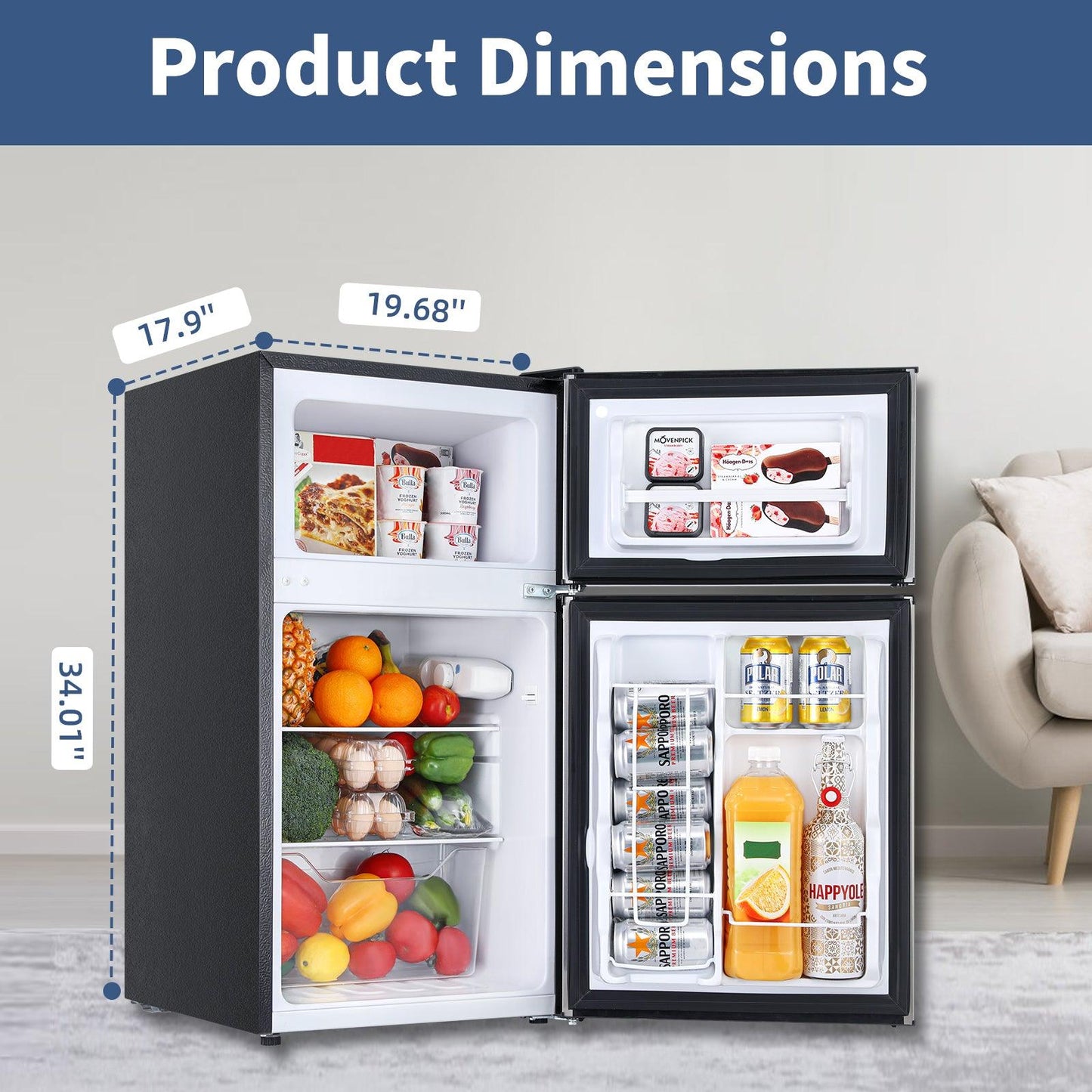 3.2 CU.FT 2 Door Small Refrigerator with Freezer ,Silver