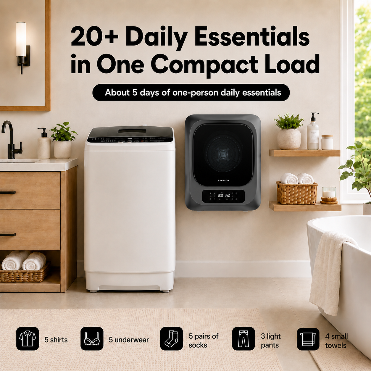 BANGSON Portable Washer and Dryer Combo Set, 1.08 cu.ft Full-Automatic Washing Machine with 8 Programs 6 Water Levels & 1.8 cu.ft Compact Electric Dryer with 6 Drying Modes 8H Timer, 120V Portable Laundry System for Apartment, RV, Dorm, Home, (White,Grey)