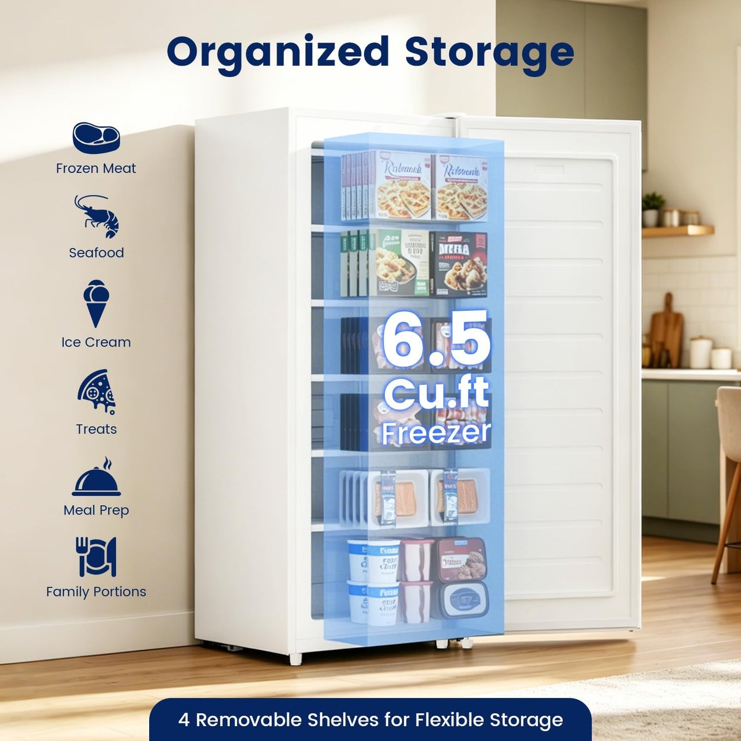 BANGSON 6.5 Cu.ft Upright Freezer, Stand up Freezer with Adjustable Thermostat, Removable Shelves, Reversible Single Door, for Bedroom/Home/Dorms/Apartment, White
