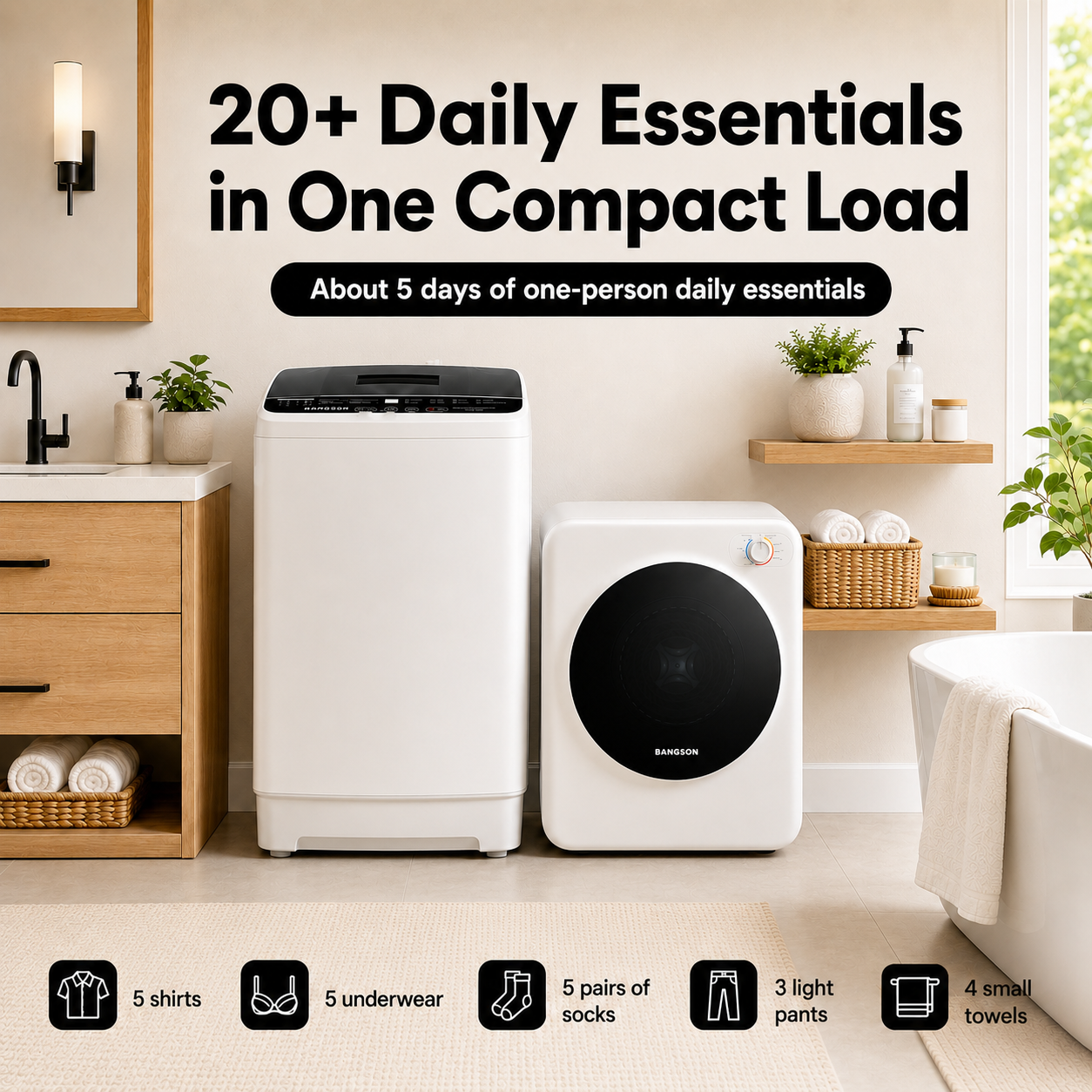 BANGSON Portable Washer and Dryer Combo Set, 1.08 cu.ft Compact Washing Machine & 1.5 cu.ft Electric Clothes Dryer, 8 Programs 6 Water Levels Washer,Vented Dryer with Stainless Steel Drum, Simple knob Control for Apartment, RV, Dorm, Home,(White,White)