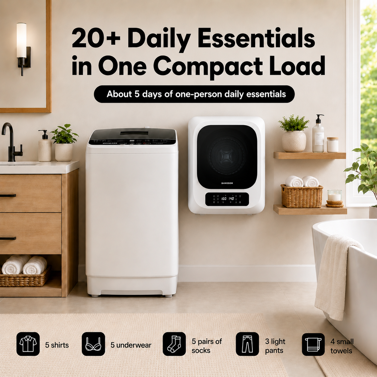 Portable Washer and Dryer Combo Set, 1.08 cu.ft Full-Automatic Washing Machine with 8 Programs 6 Water Levels & 1.8 cu.ft Compact Electric Dryer with 6 Drying Modes 8H Timer, 120V Portable Laundry System for Apartment, RV, Dorm, Home, (White,White)