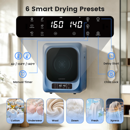 BANGSON 1.8 CU.FT Portable Compact Dryer for Laundry, 120V Mini Dryer with 6 Drying Modes & 8H Timer, LED Control Panel, 850W Front Load Small Dryer for Apartments, RVs, Dorms, Offices, Blue
