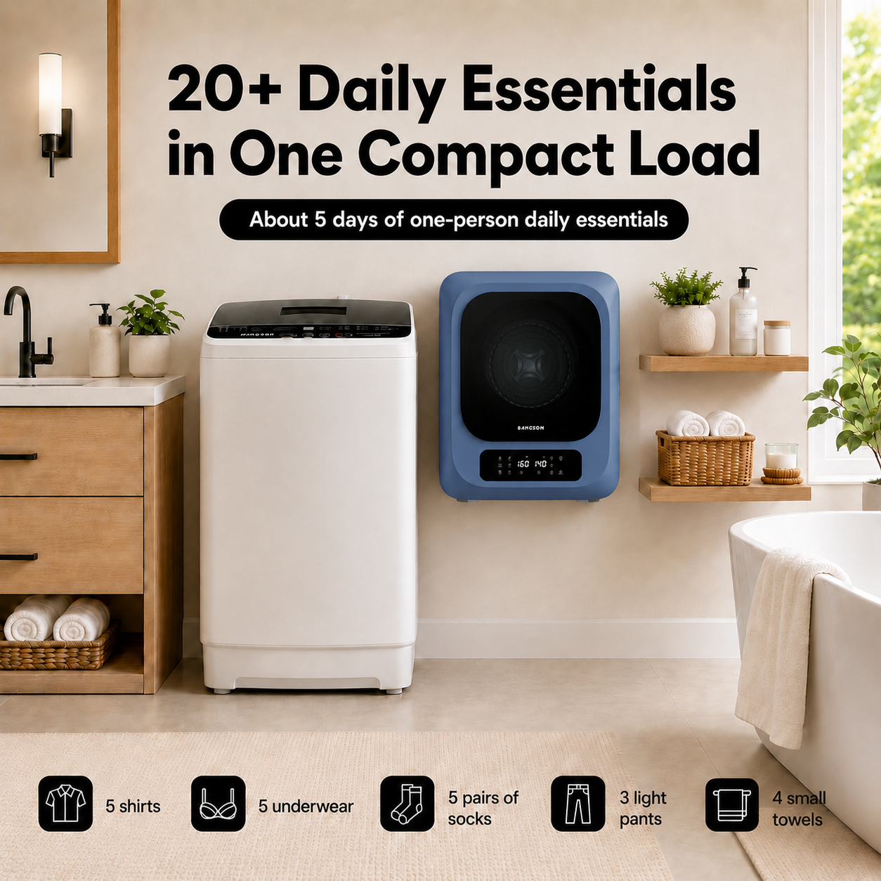 BANGSON Portable Washer and Dryer Combo Set, 1.08 cu.ft Full-Automatic Washing Machine with 8 Programs 6 Water Levels & 1.8 cu.ft Compact Electric Dryer with 6 Drying Modes 8H Timer, 120V Portable Laundry System for Apartment, RV, Dorm, Home, (White,Blue)