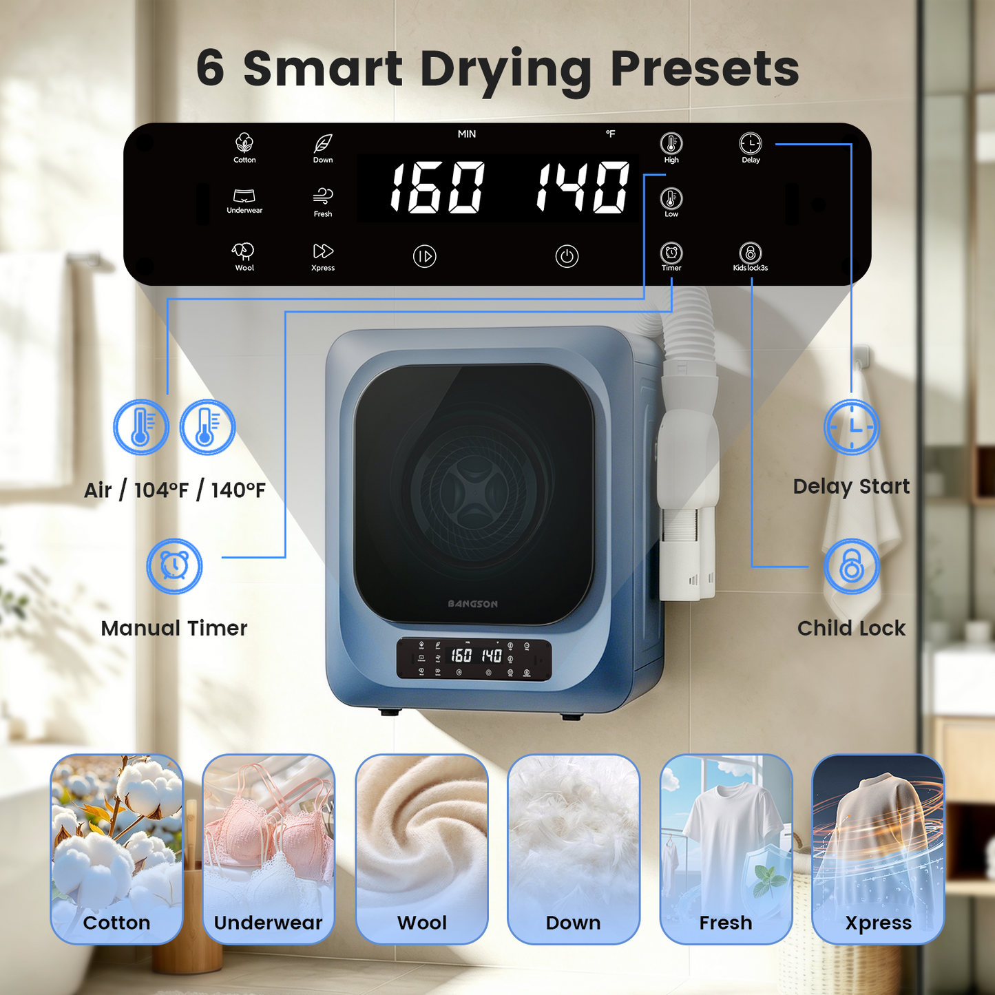BANGSON Portable Dryers for Laundry, 1.8 Cu.Ft Compact Dryer with Shoe Drying Rack & Wall Mount Kit, LED Control Panel, Stainless Steel Drum, 120V for Apartment Dorm RV, Blue