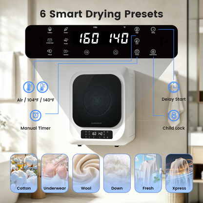BANGSON 1.8 CU.FT Portable Compact Dryer for Laundry, 120V Mini Dryer with 6 Drying Modes & 8H Timer, LED Control Panel, 850W Front Load Small Dryer for Apartments, RVs, Dorms, Offices, White