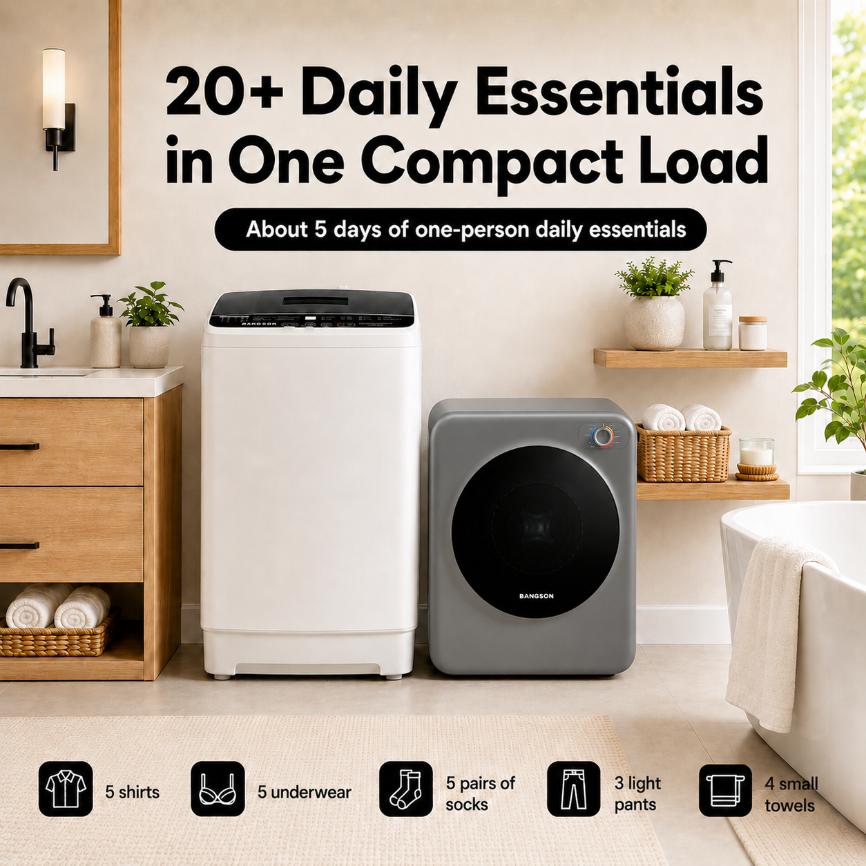 BANGSON Portable Washer and Dryer Combo Set, 1.08 cu.ft Compact Washing Machine & 1.5 cu.ft Electric Clothes Dryer, 8 Programs 6 Water Levels Washer,Vented Dryer with Stainless Steel Drum, Simple knob Control for Apartment, RV, Dorm, Home,(White,Grey)