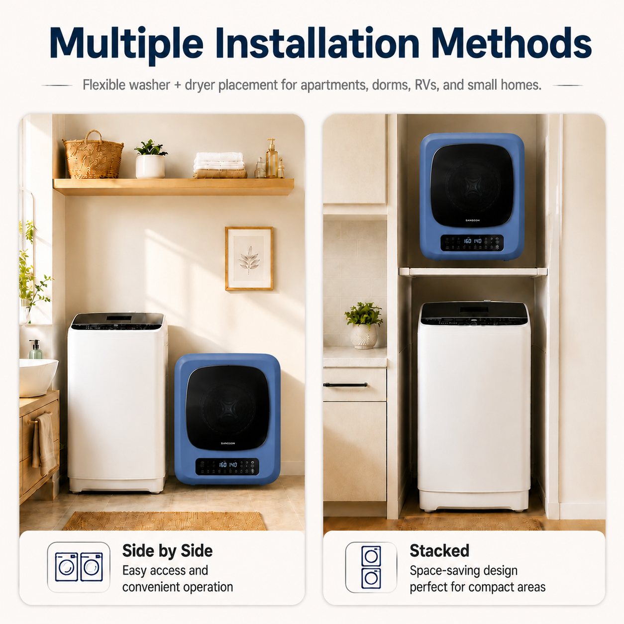 BANGSON Portable Washer and Dryer Combo Set, 1.08 cu.ft Full-Automatic Washing Machine with 8 Programs 6 Water Levels & 1.8 cu.ft Compact Electric Dryer with 6 Drying Modes 8H Timer, 120V Portable Laundry System for Apartment, RV, Dorm, Home, (White,Blue)