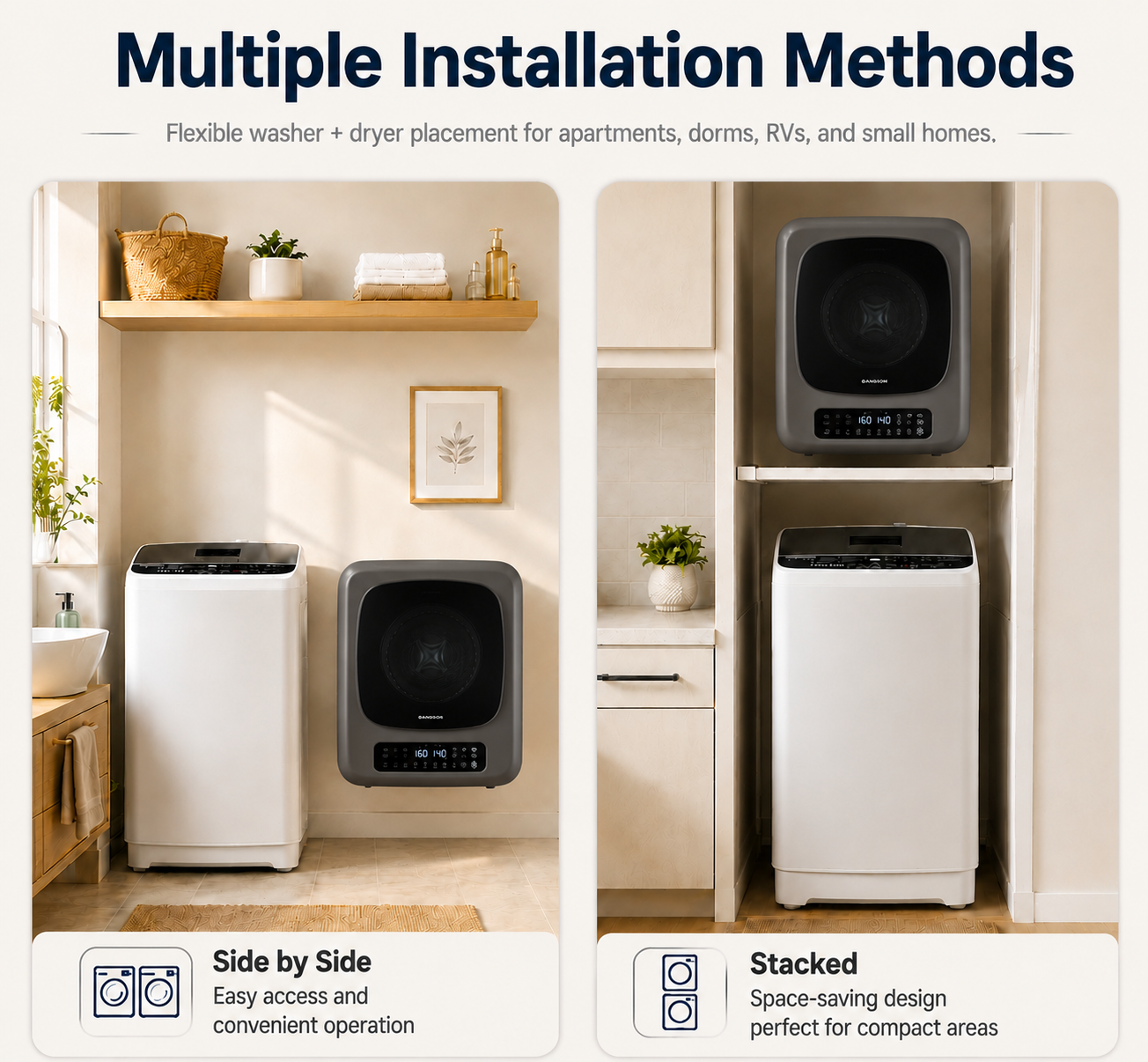 BANGSON Portable Washer and Dryer Combo Set, 1.08 cu.ft Full-Automatic Washing Machine with 8 Programs 6 Water Levels & 1.8 cu.ft Compact Electric Dryer with 6 Drying Modes 8H Timer, 120V Portable Laundry System for Apartment, RV, Dorm, Home, (White,Grey)