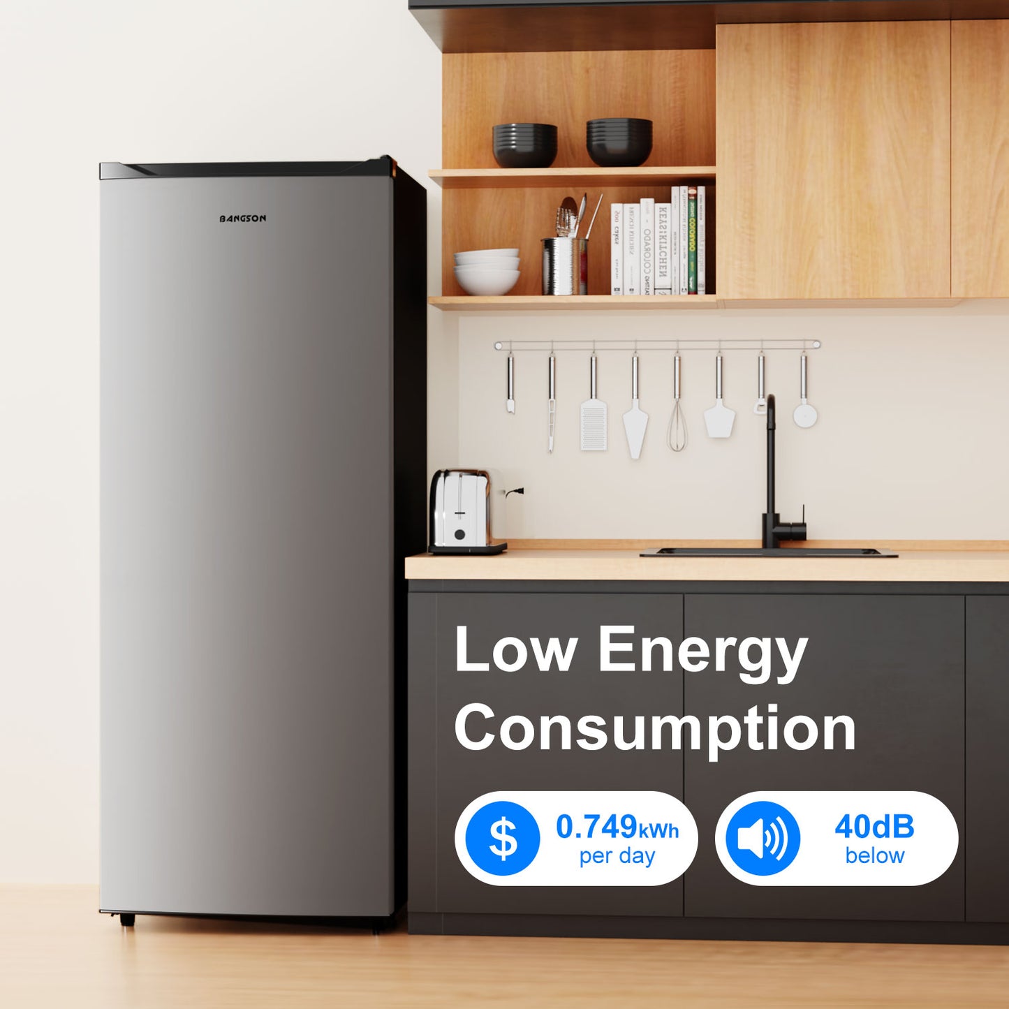 BANGSON 6.5 Cu.ft Upright Freezer, Stand up Freezer with Adjustable Thermostat, Removable Shelves, Reversible Single Door, for Bedroom/Home/Dorms/Apartment, Sliver