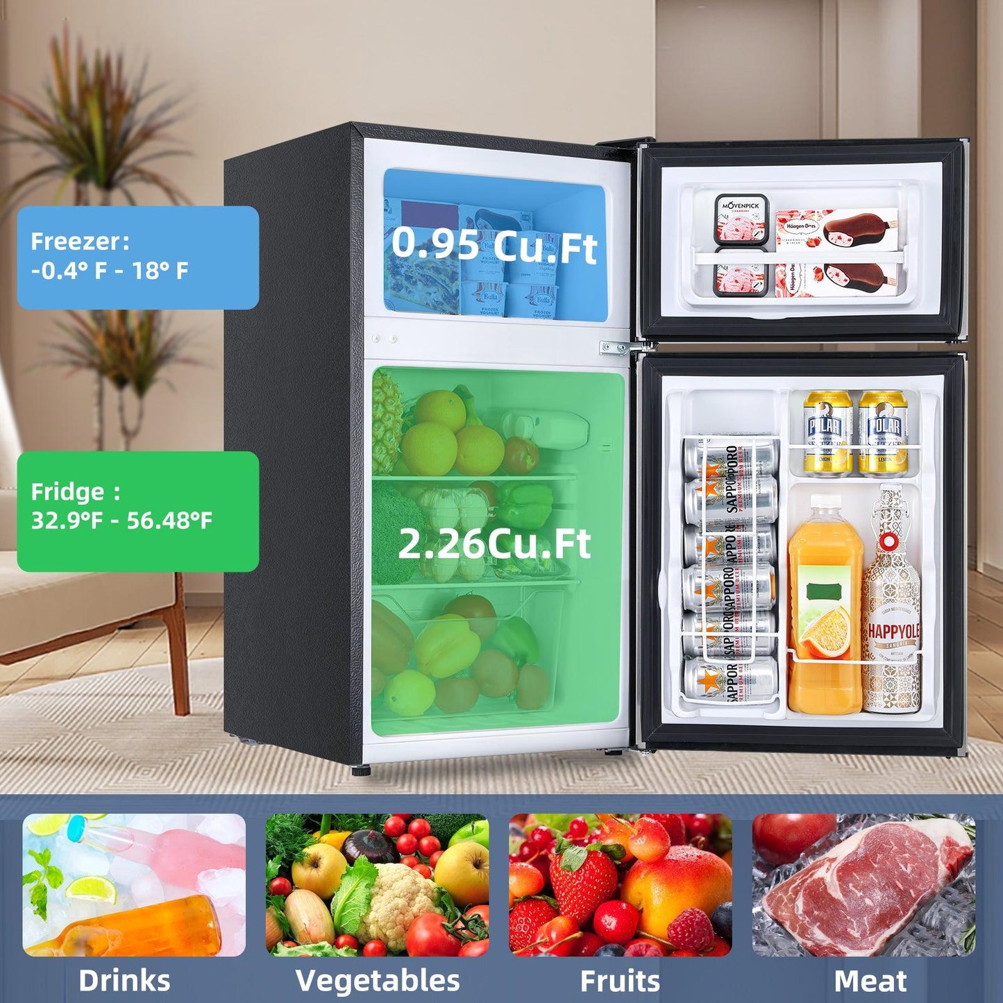 3.2 CU.FT 2 Door Small Refrigerator with Freezer ,Silver