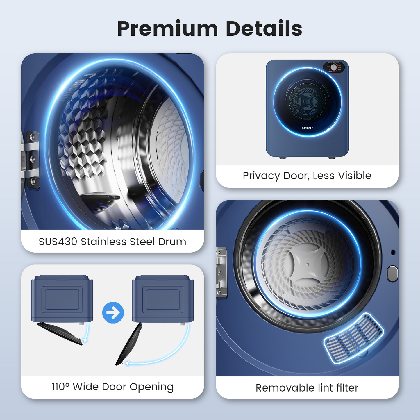 BANGSON Portable Clothes Dryer, 1.5 Cu.Ft. Portable Dryer with 2-in-1 Heat & Air Dry Modes, 120V Vented Electric Dryer, Exhaust Hose & Stainless Steel Drum Included, for Apartment, Dorm & RV, Blue
