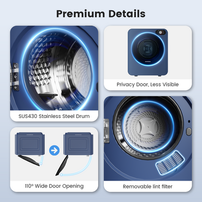 BANGSON Portable Clothes Dryer, 1.5 Cu.Ft. Portable Dryer with 2-in-1 Heat & Air Dry Modes, 120V Vented Electric Dryer, Exhaust Hose & Stainless Steel Drum Included, for Apartment, Dorm & RV, Blue