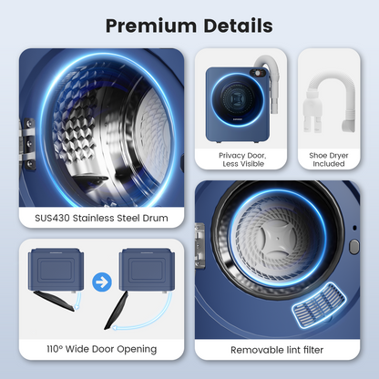 BANGSON Portable Clothes Dryer, 1.5 Cu.Ft. Portable Dryer with Shoe Drying Rack, Heat Dry & Air Dry 2-in-1 Modes, 120V Vented compact dryer, Stainless Steel Drum for Apartment, Dorm & RV, Blue