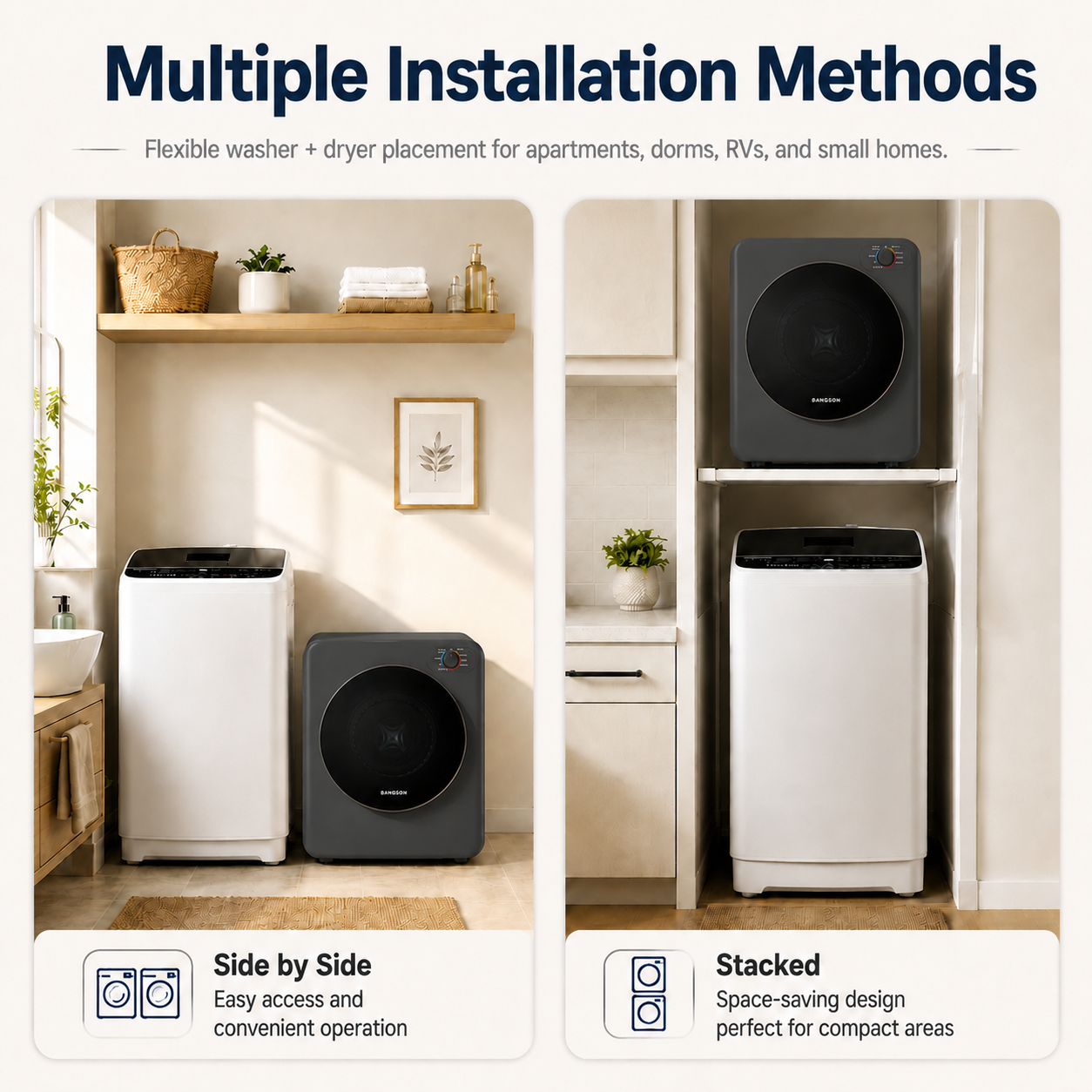BANGSON Portable Washer and Dryer Combo Set, 1.08 cu.ft Compact Washing Machine & 1.5 cu.ft Electric Clothes Dryer, 8 Programs 6 Water Levels Washer,Vented Dryer with Stainless Steel Drum, Simple knob Control for Apartment, RV, Dorm, Home,(White,Grey)