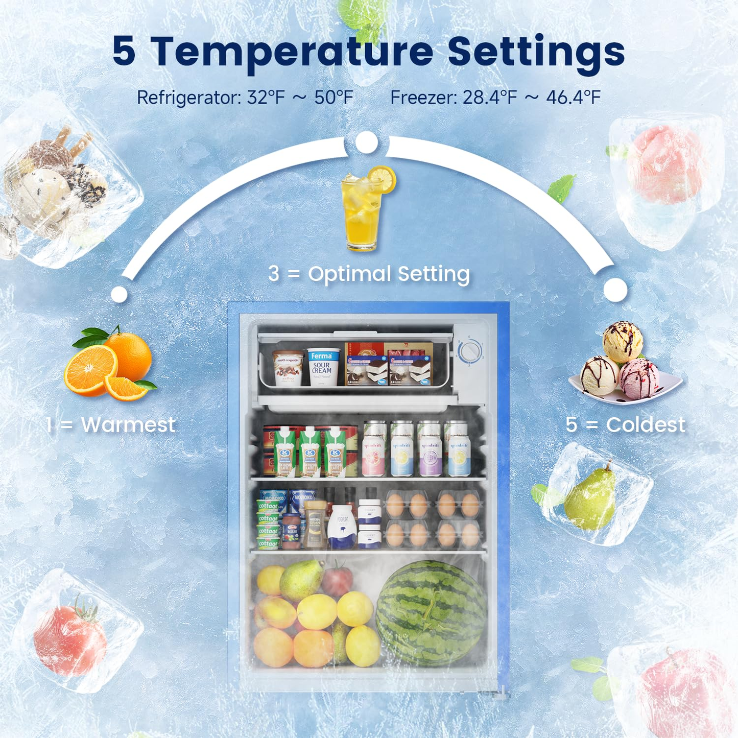 BANGSON 2.6 Cu Ft Small Fridge with Freezer for Office, Mini Refrigerator for Dorm Bedroom, Compact Fridge Energy-efficient, Low Noise, Blue