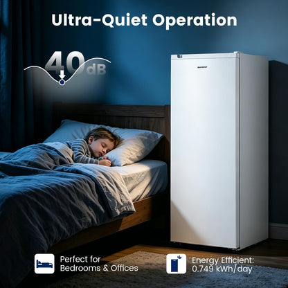 BANGSON 6.5 Cu.ft Upright Freezer, Stand up Freezer with Adjustable Thermostat, Removable Shelves, Reversible Single Door, for Bedroom/Home/Dorms/Apartment, White