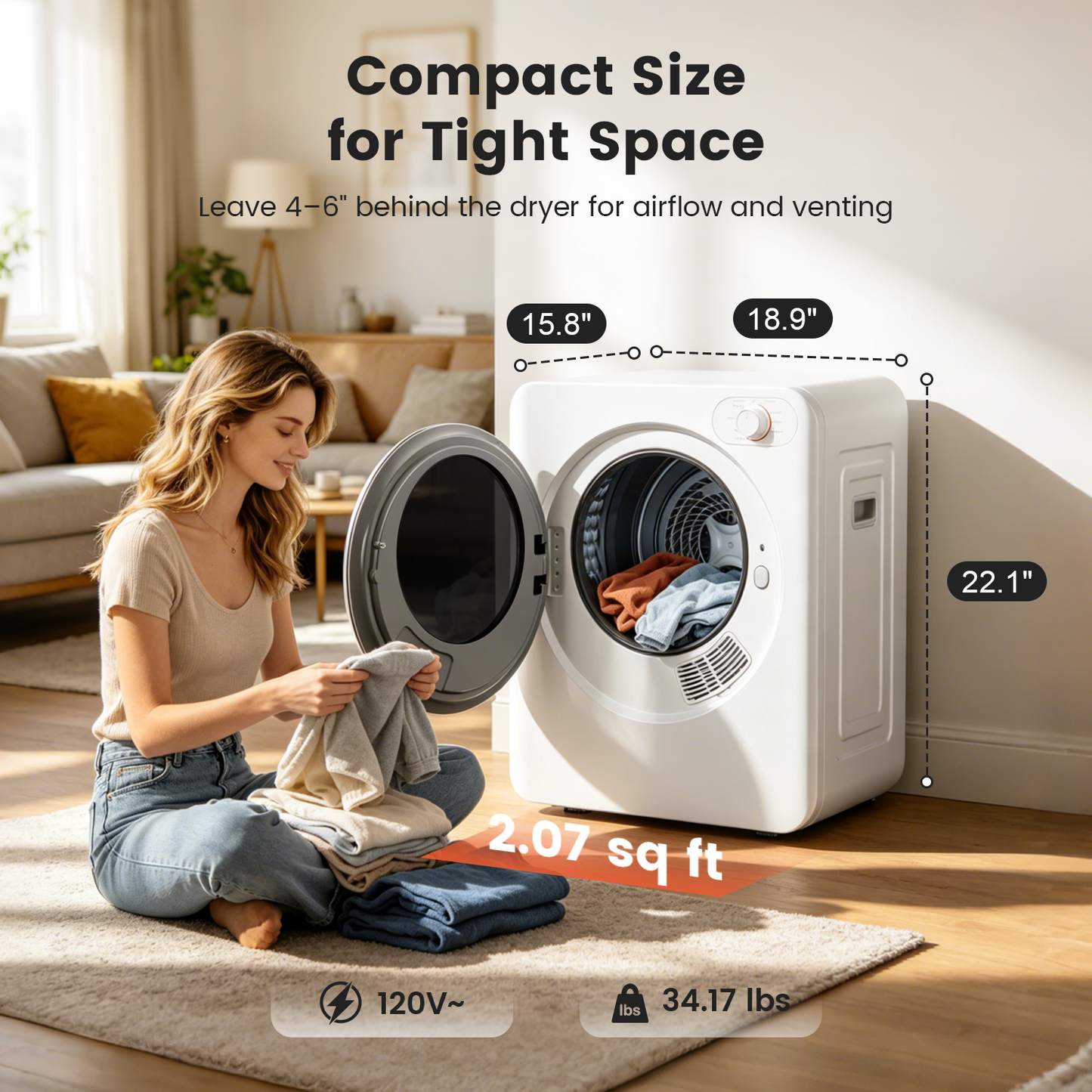 BANGSON Portable Clothes Dryer, 1.5 Cu.Ft. Portable Dryer with 2-in-1 Heat & Air Dry Modes, 120V Vented Electric Dryer, Exhaust Hose & Stainless Steel Drum Included, for Apartment, Dorm & RV, White