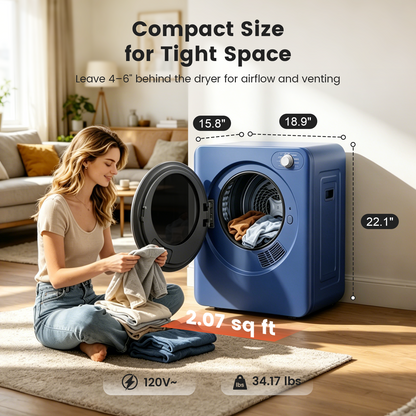 BANGSON Portable Clothes Dryer, 1.5 Cu.Ft. Portable Dryer with 2-in-1 Heat & Air Dry Modes, 120V Vented Electric Dryer, Exhaust Hose & Stainless Steel Drum Included, for Apartment, Dorm & RV, Blue