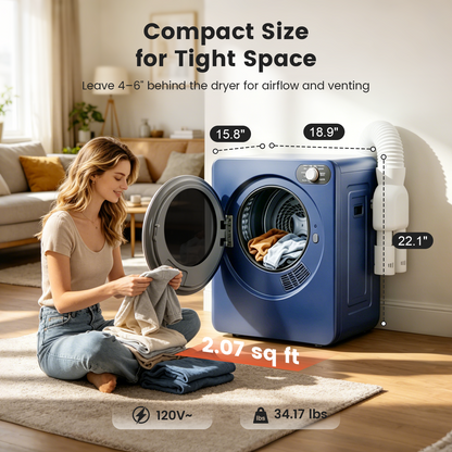 BANGSON Portable Clothes Dryer, 1.5 Cu.Ft. Portable Dryer with Shoe Drying Rack, Heat Dry & Air Dry 2-in-1 Modes, 120V Vented compact dryer, Stainless Steel Drum for Apartment, Dorm & RV, Blue