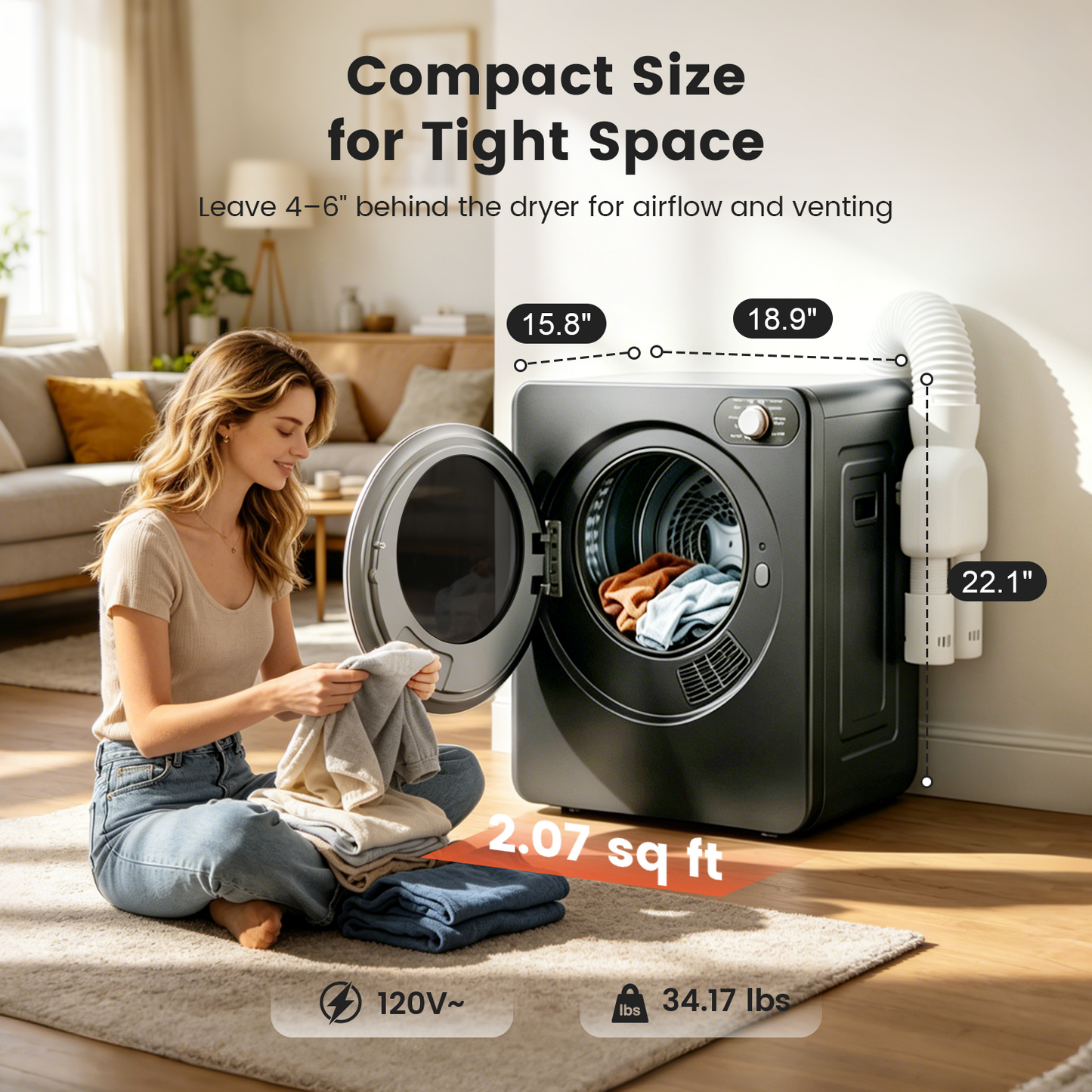 BANGSON Portable Clothes Dryer, 1.5 Cu.Ft. Portable Dryer with Shoe Drying Rack, Heat Dry & Air Dry 2-in-1 Modes, 120V Vented compact dryer, Stainless Steel Drum for Apartment, Dorm & RV, Grey