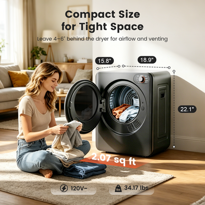 BANGSON Portable Clothes Dryer, 1.5 Cu.Ft. Portable Dryer with 2-in-1 Heat & Air Dry Modes, 120V Vented Electric Dryer, Exhaust Hose & Stainless Steel Drum Included, for Apartment, Dorm & RV, Grey
