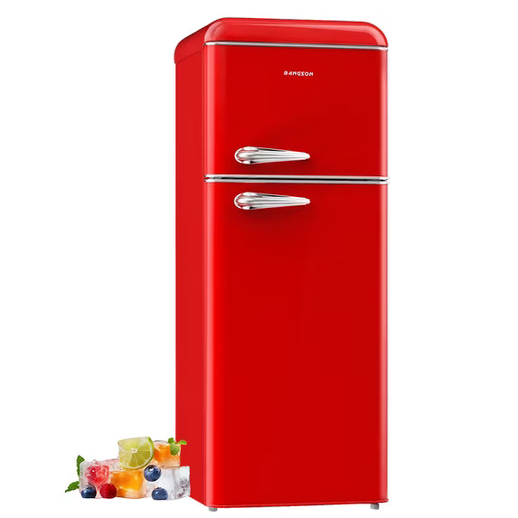BANGSON 7.5 Cu.Ft Retro Fridge with Top Freezer for Vintage-Style Kitchen, Apartment & Office， 5 Adjustable Temperature, Red