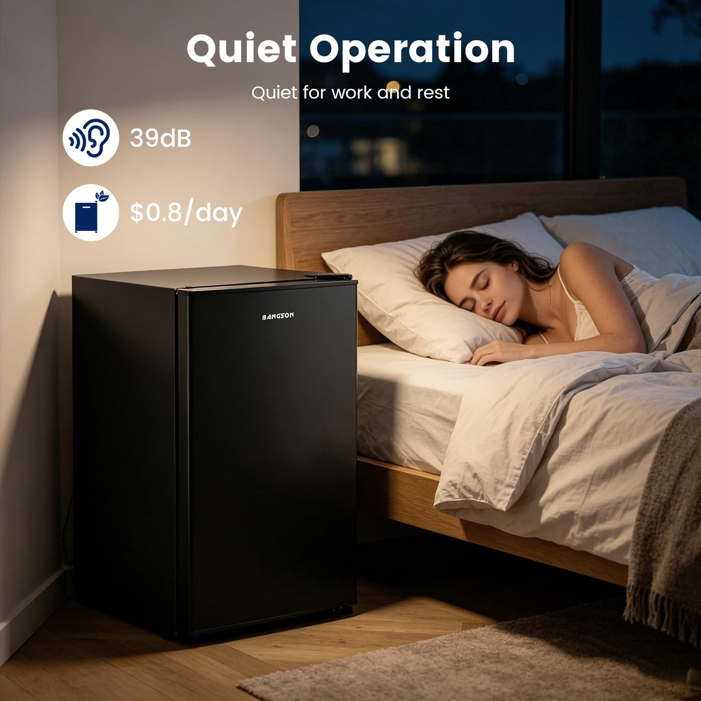 BANGSON 2.6 Cu Ft Small Fridge with Freezer for Office, Mini Refrigerator for Dorm Bedroom, Compact Fridge Energy-efficient, Low Noise, Black