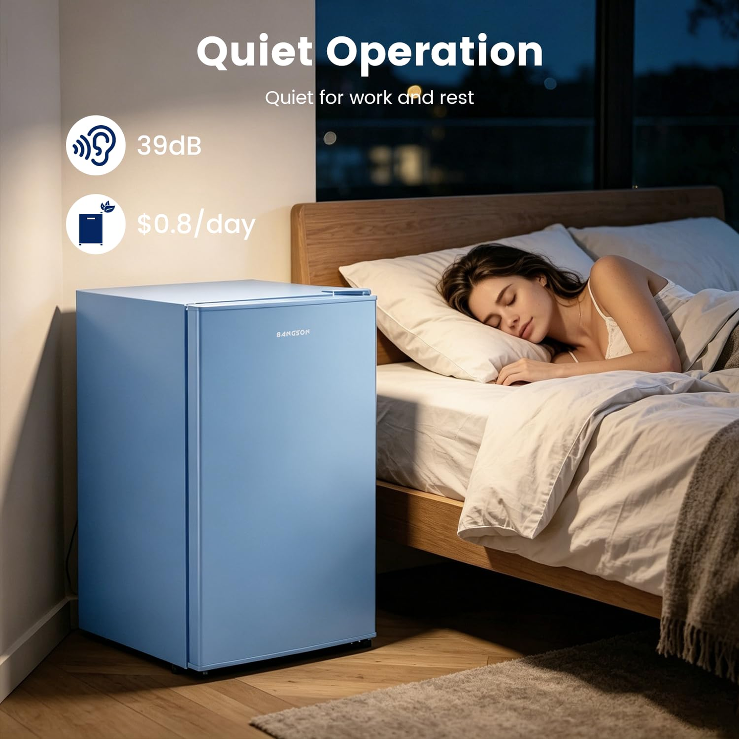 BANGSON 2.6 Cu Ft Small Fridge with Freezer for Office, Mini Refrigerator for Dorm Bedroom, Compact Fridge Energy-efficient, Low Noise, Blue